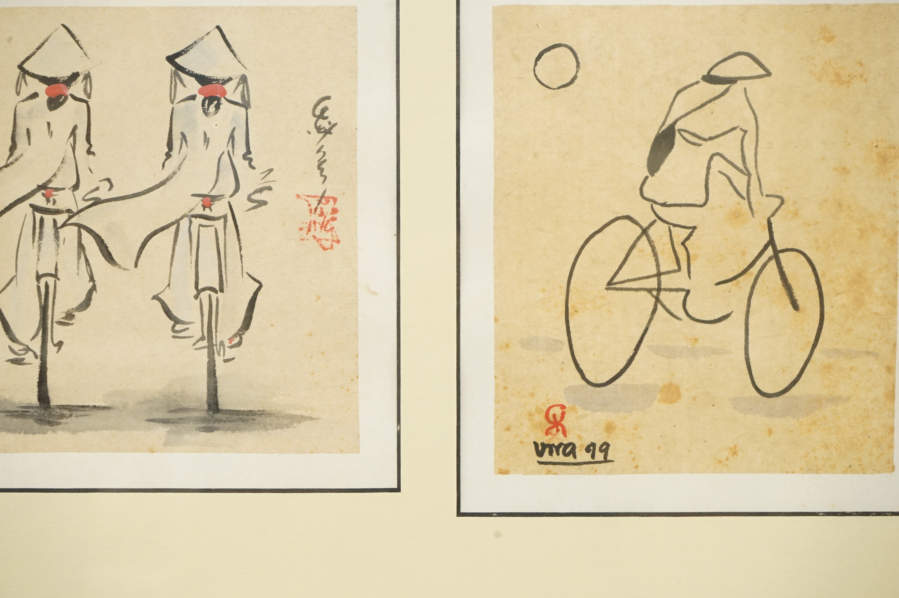 Vietnamese School, 20th century, Two studies of school girls on bicycles, each with calligraphy and red seal marks, framed together, 16 x 14cm